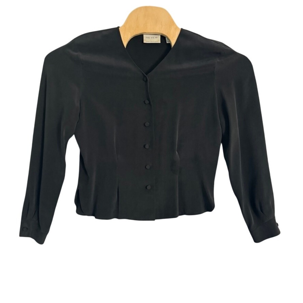Preview Collection Black 100% Silk Button Front V-Neck Blouse Size M 50268